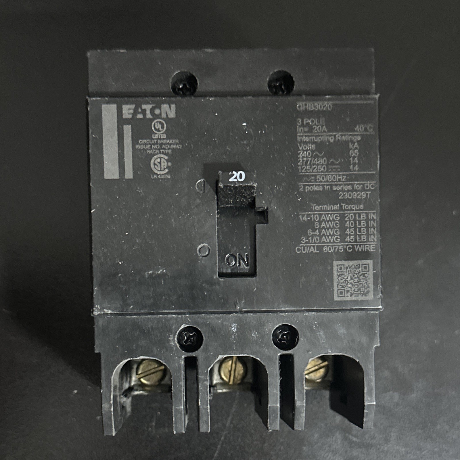 Eaton GHB3020 20A 3-Pole 277/480VAC Industrial Bolt-On Circuit Breaker