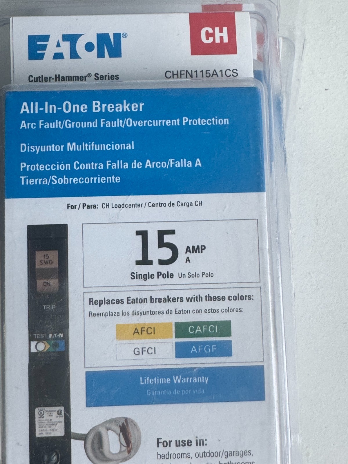 Eaton CHFN115A1CS 15 Amp Single Pole AFCI GFCI Circuit Breaker New
