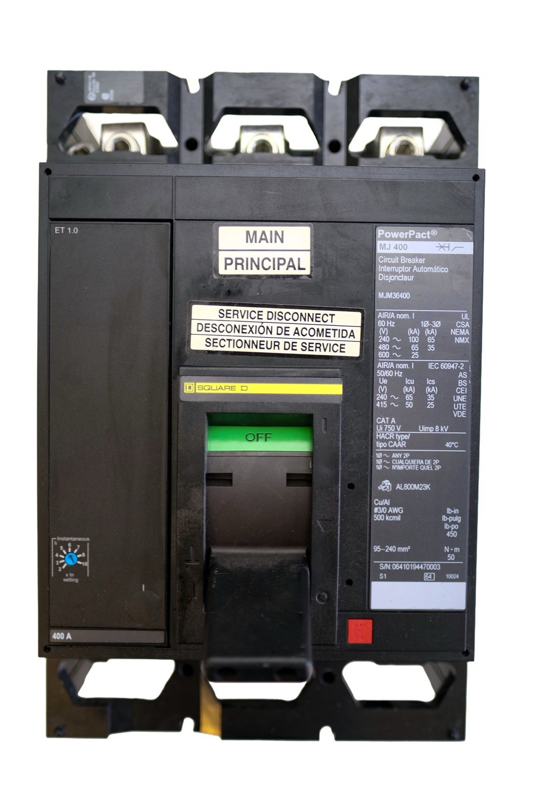 Square D MJM36400 PowerPact 400A 3P Circuit Breaker ET1.0 MJ Frame 600V