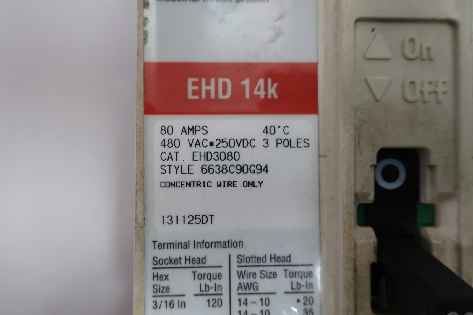 Eaton EHD3080 Molded Case Circuit Breaker 3p 80a Amp 480v-ac