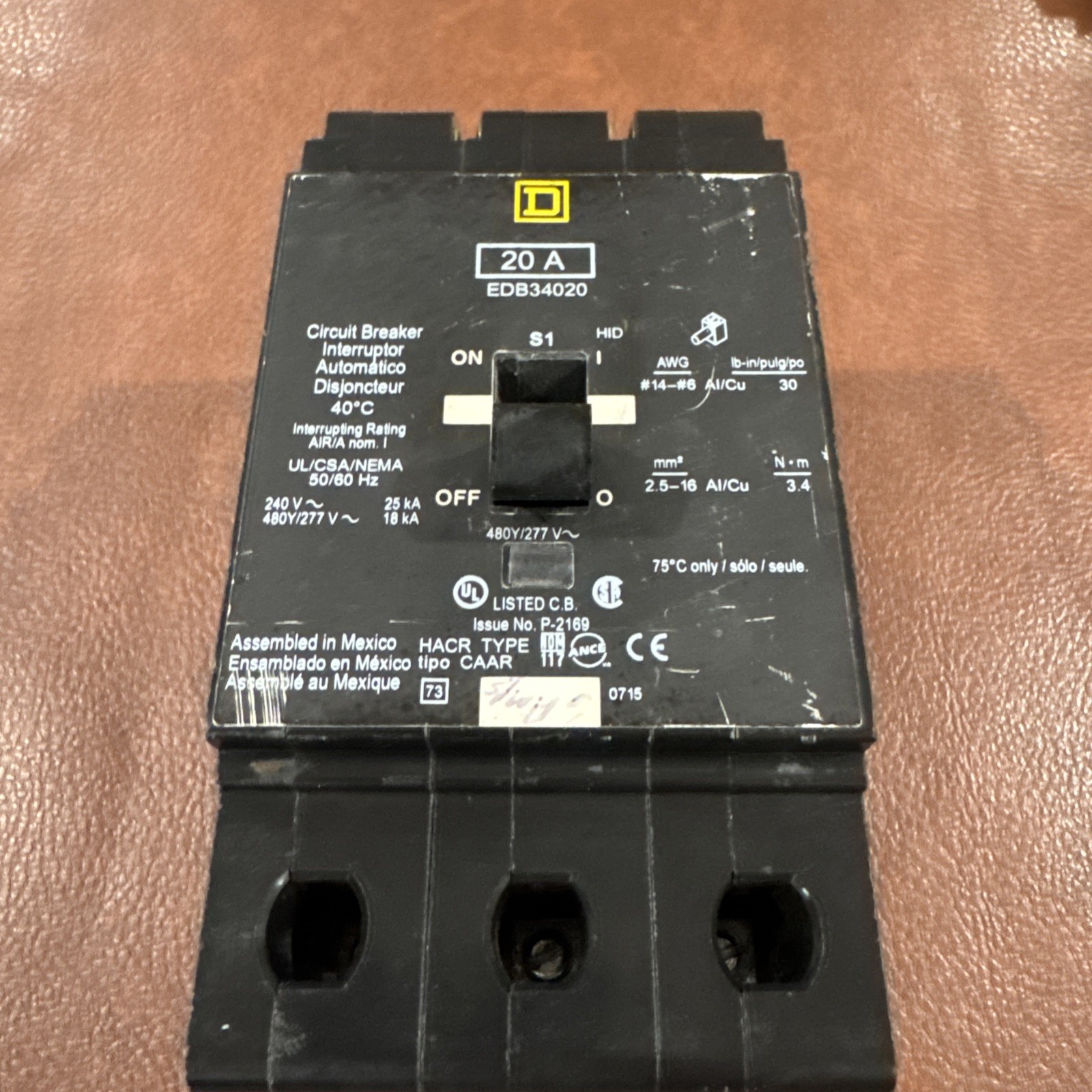 Square D EDB34020 Bolt On Circuit Breaker 20A 3P 480Y/277V 18KA EDB 3 Pole 20Amp