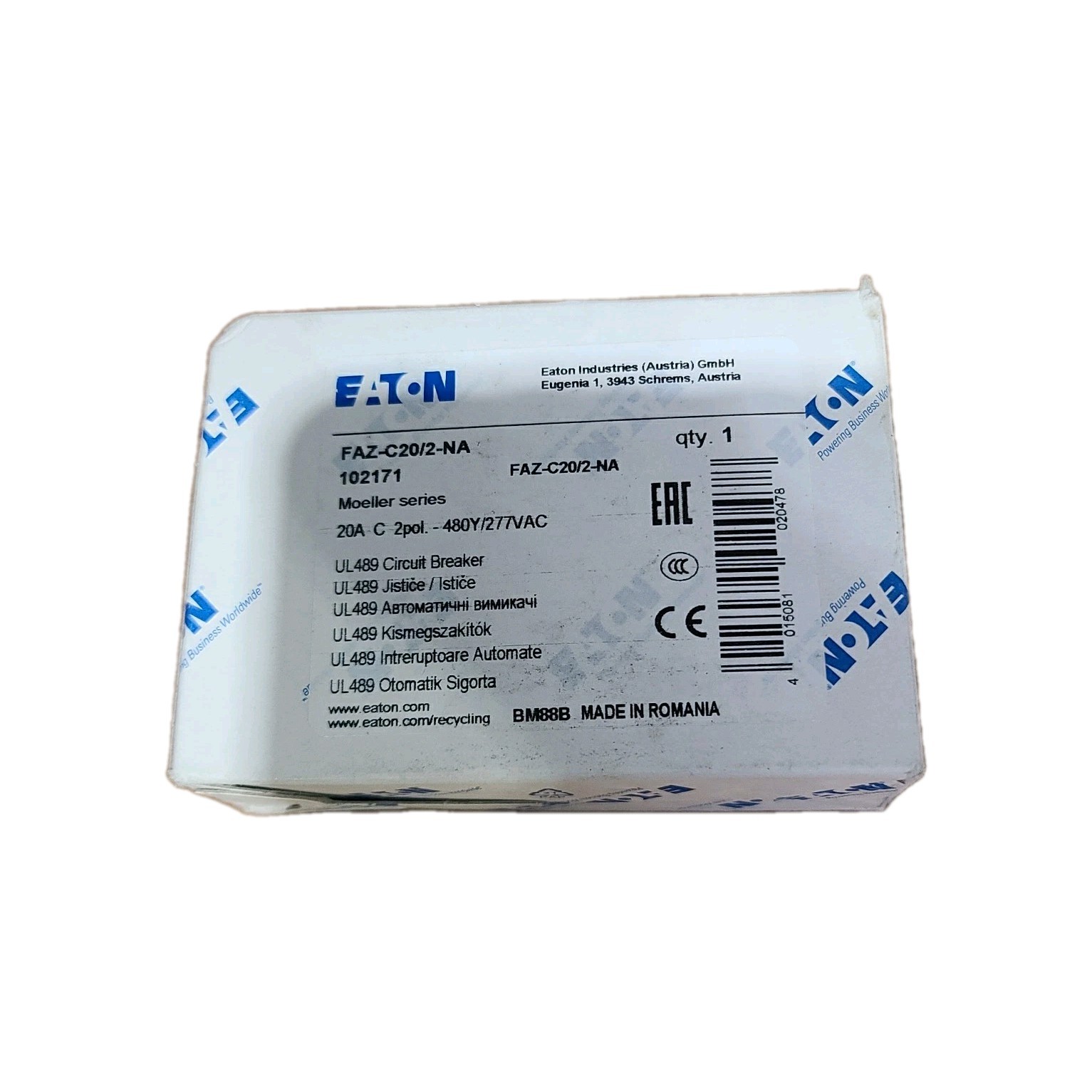 EATON 20A 2-Pole FAZ-C20/2-NA 102171 Miniature Circuit Breaker