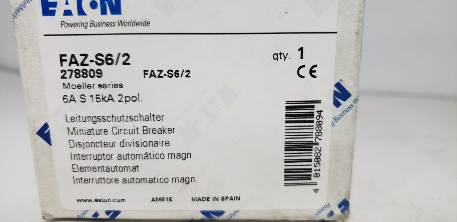 EATON FAZ-S6/2 CIRCUIT BREAKER, 2 POLE, 6A, 480V, 15kA, NIB