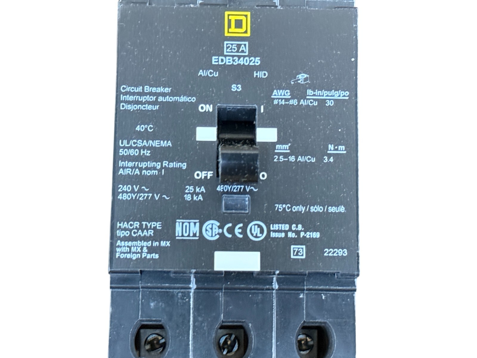 SQUARE D EDB34025 25A 3-PHASE 3-POLE 480Y/277V E-FRAME BOLT-ON CIRCUIT BREAKER