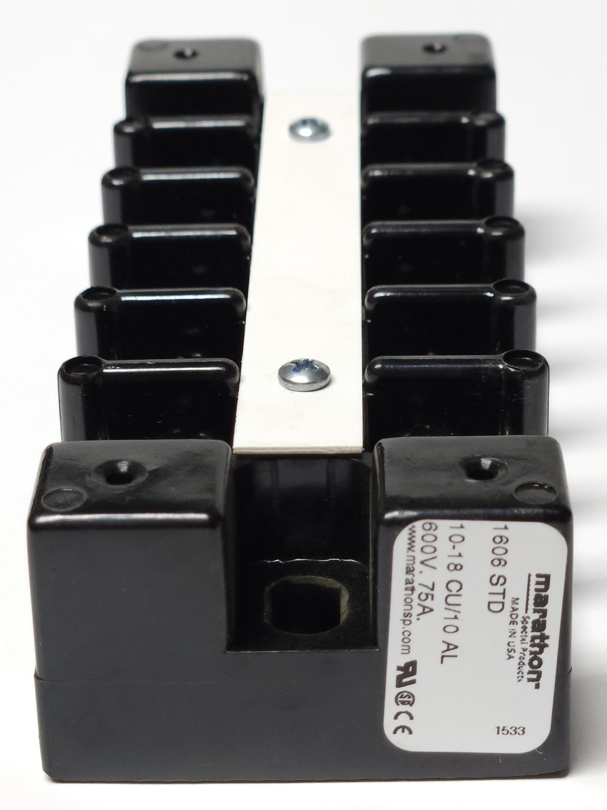 MARATHON 1606 STD 6 Pole 12 Screw Terminal Block Strip 75 AMP 600 VAC 10-18 CU