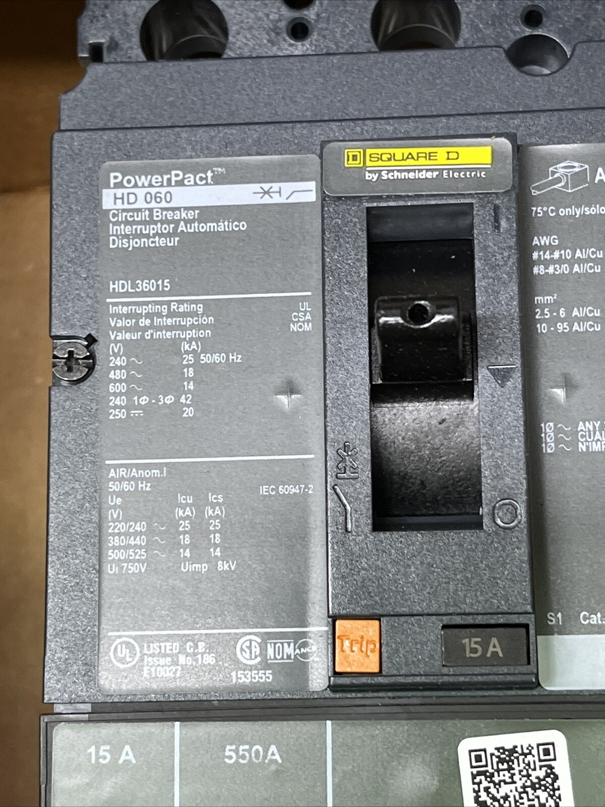 (UP TO 3) NEW NIB HDL36015 SQUARE D CIRCUIT BREAKER 3POLE 15AMP 600VAC