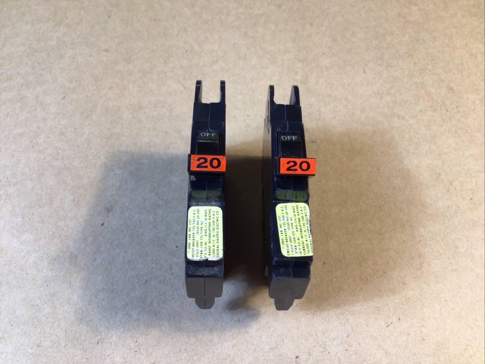 2x NC120 FPE 20 Amp 1 Pole Stab-Lok “Thin” Federal Pacific Breakers NC20 RED