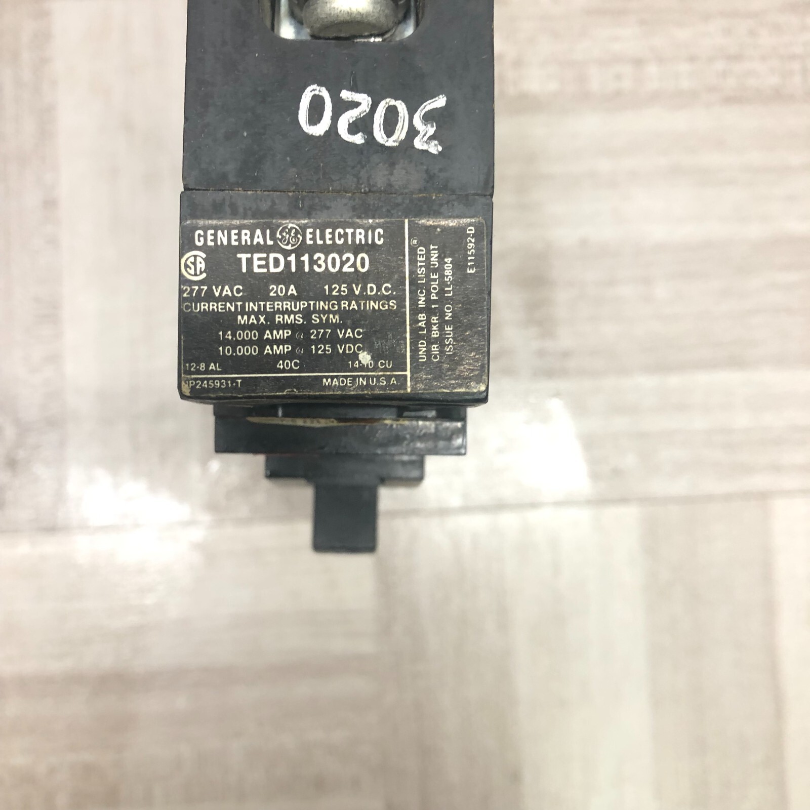 GENERAL ELECTRIC TED113020 Circuit Breaker 1 Pole 20 Amp 277V 14KA
