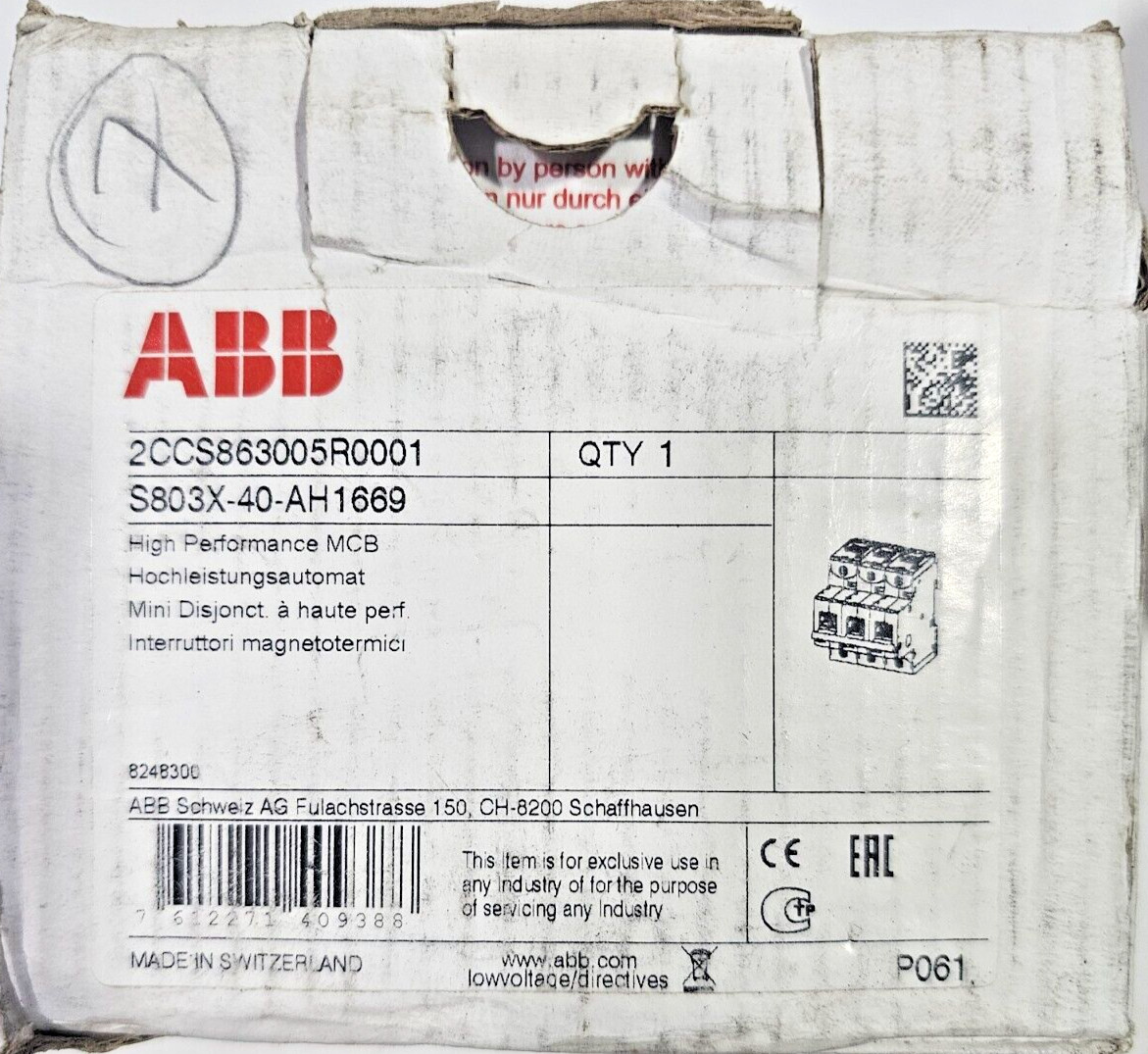 ABB S803X-40-AH1669 3-Pole High Performance Circuit Breaker 40A 50kA 240/415V