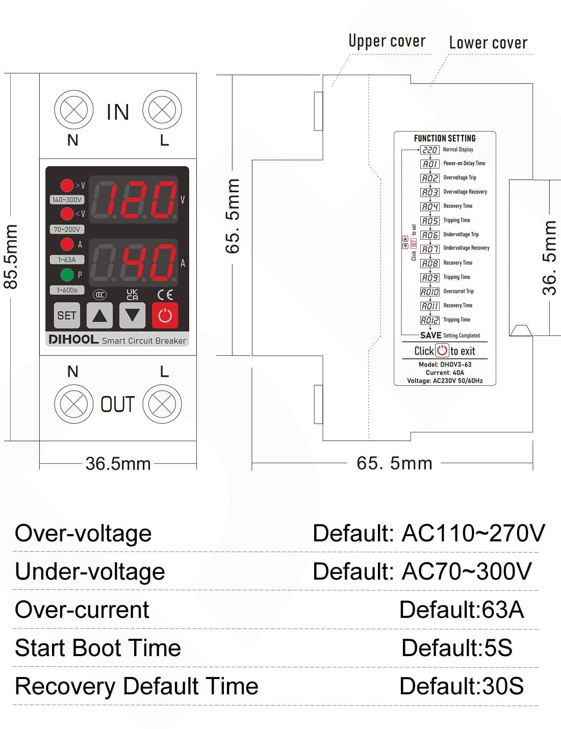 Adjustable Voltage Protector 110V 220V Low High Cutoff Overcurrent 1-63A