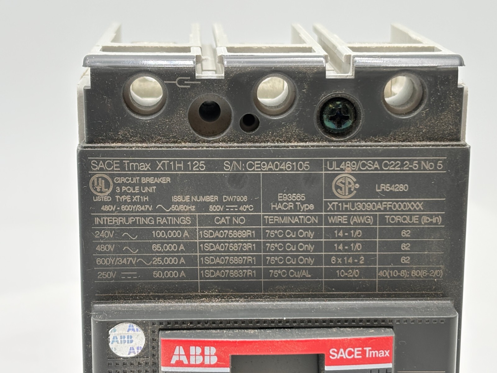 ABB SACE Tmax XT1H125 Bolt-On Circuit Breaker 90A 600VAC 3P 3PH Type XT1H 3 Pole