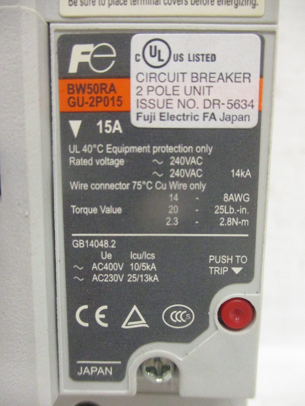 Fuji Electric BW50RAGU-2P015 15 Amp Auto Breaker 2-Pole 15A 690VAC 250VDC BW50RA