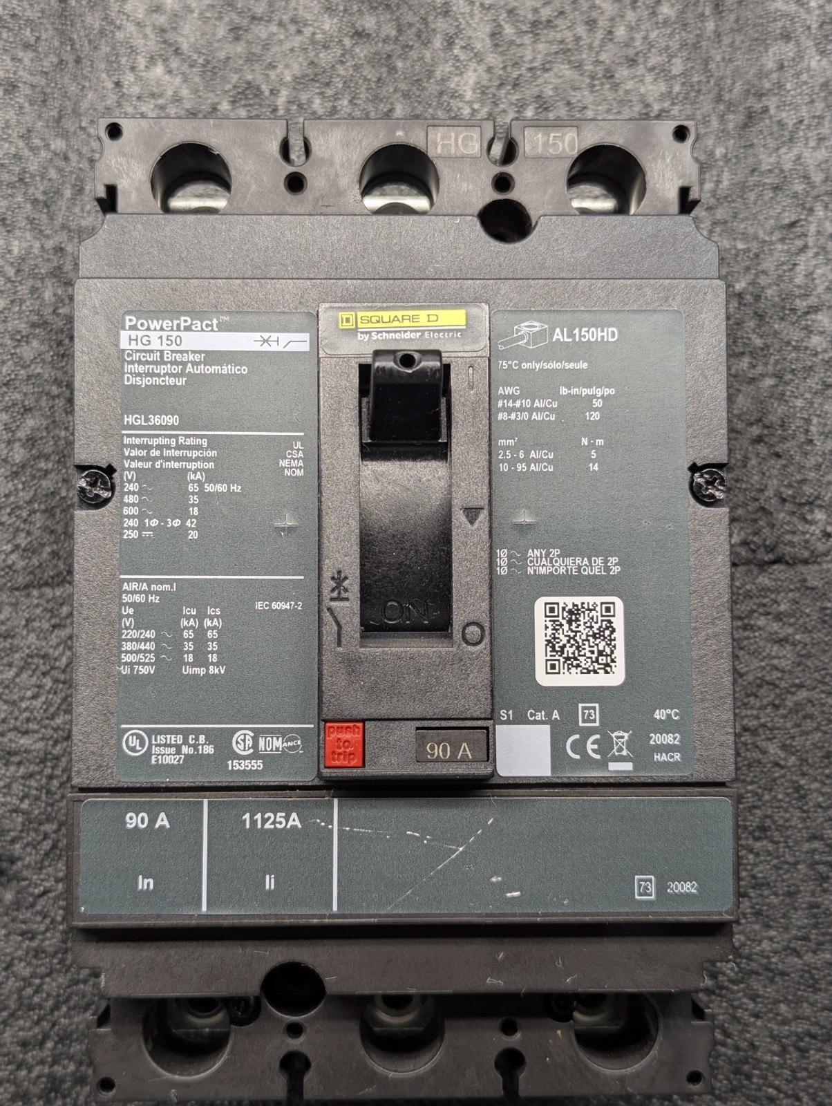 SQUARE D POWERPACT HG CIRCUIT BREAKER HGL36090 90AMP 600VOLT 3POLE