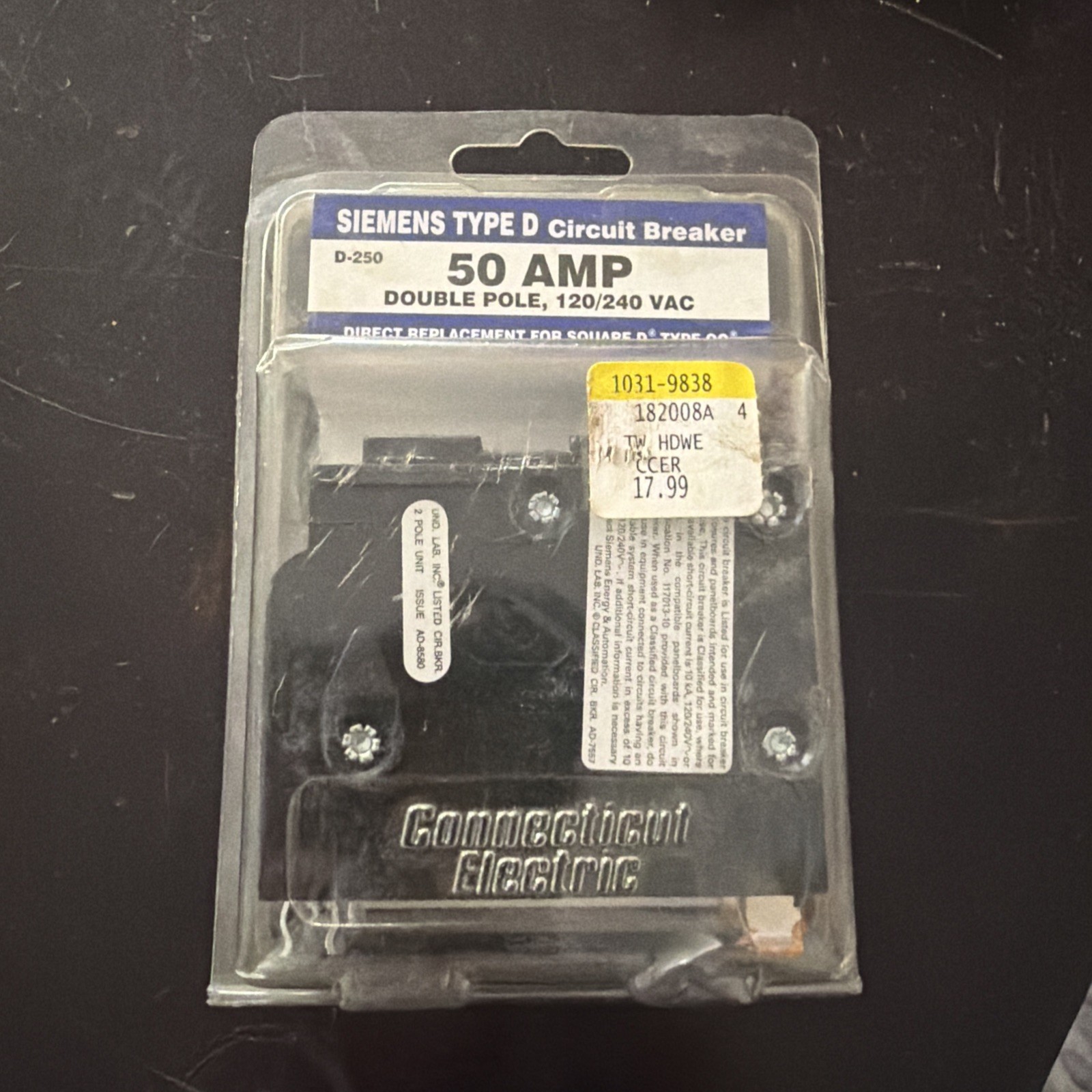 Siemens Type D Circuit Breaker -50 Amp Double Pole, 120/240 VAC- #D250