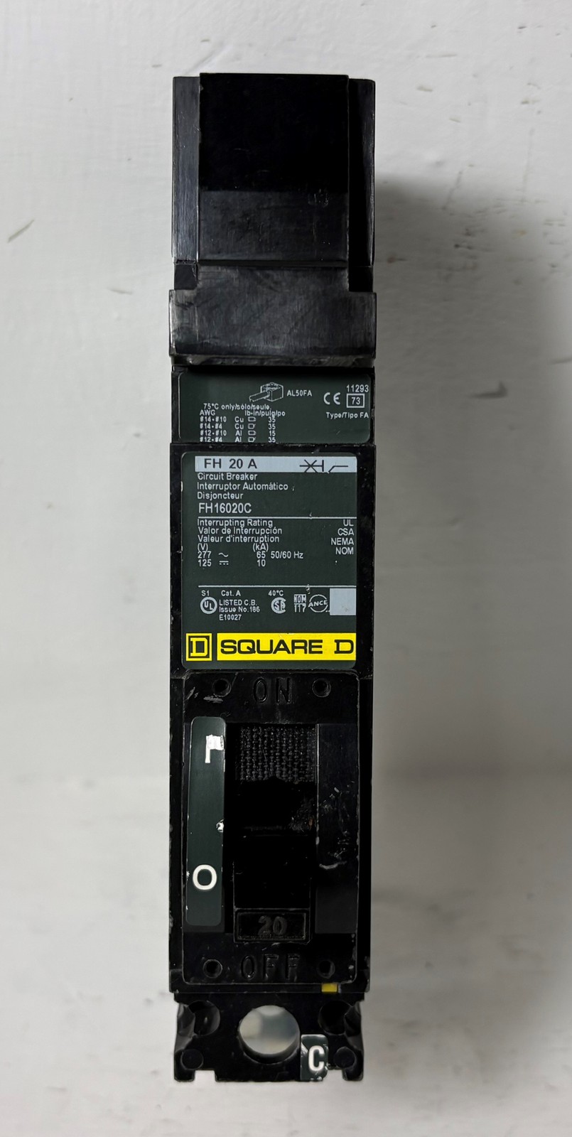 Square-D I-Line FH16020C 20A Circuit Breaker Green Label 277V FA 1 Pole 20 Amp