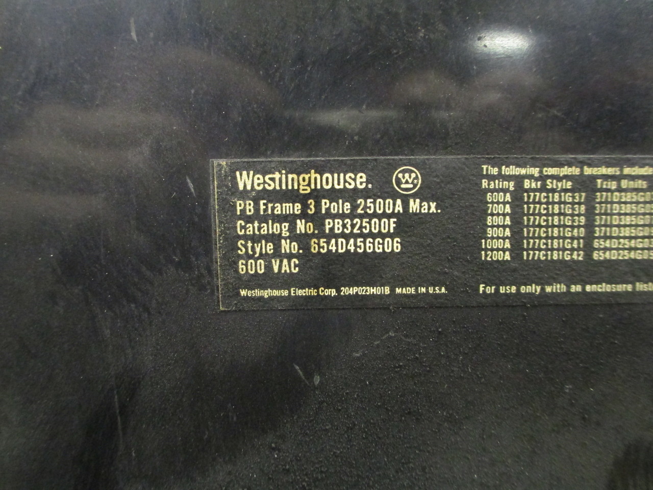 Westinghouse PB32500F 2500A Frame 1600A Rated 3p 600V MO/FM Breaker Used E-OK