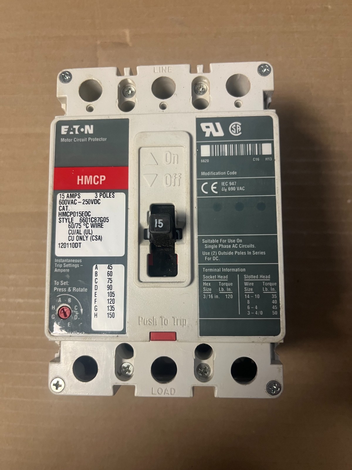 Cutler Hammer HMCP015EOC 15 Amp 600 Volt 3 Pole Circuit Breaker TAKE OUT