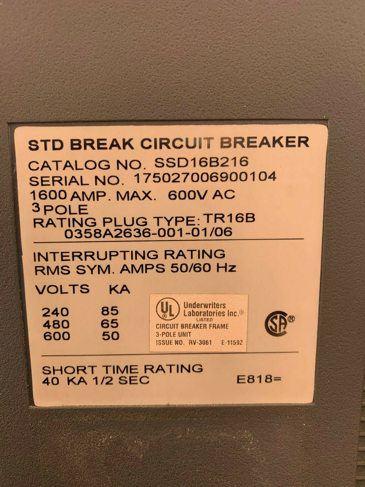 SSD16B216 GE 1600 Amp 600V 3 Pole Power Break II EO/DO Drawout Circuit Breaker