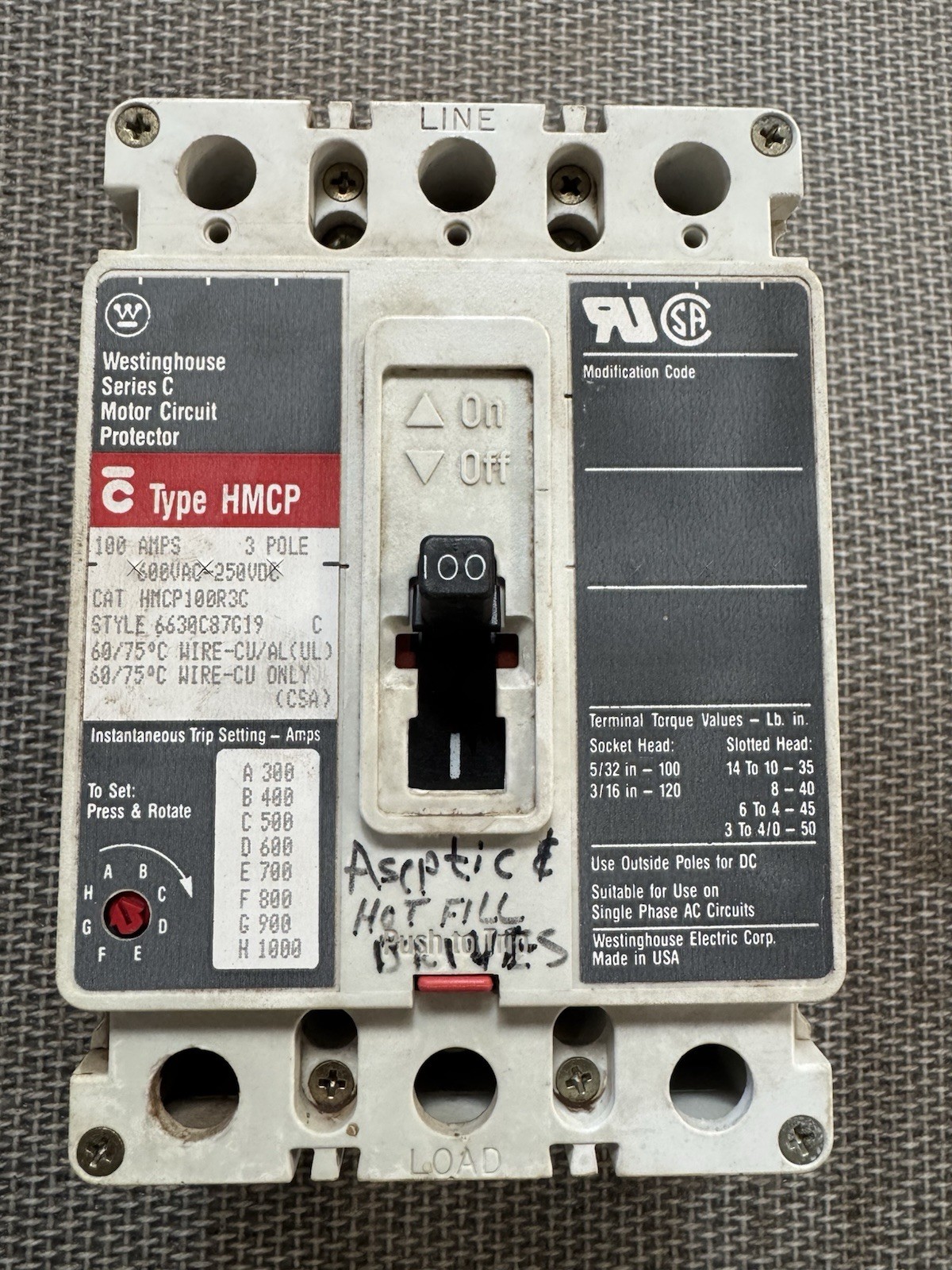 WESTINGHOUSE HMCP100R3C B SERIES C MOTOR CIRCUIT PROTECTOR BREAKER 100 AMPS 3P
