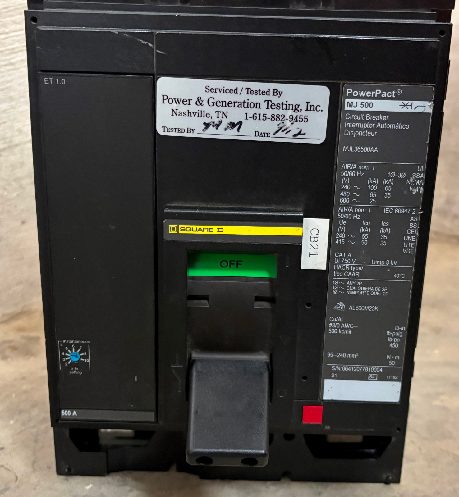 Square D MJL36500AA MJ 500 Amp PowerPact Circuit Breaker 500A MJL36500 600V 3P
