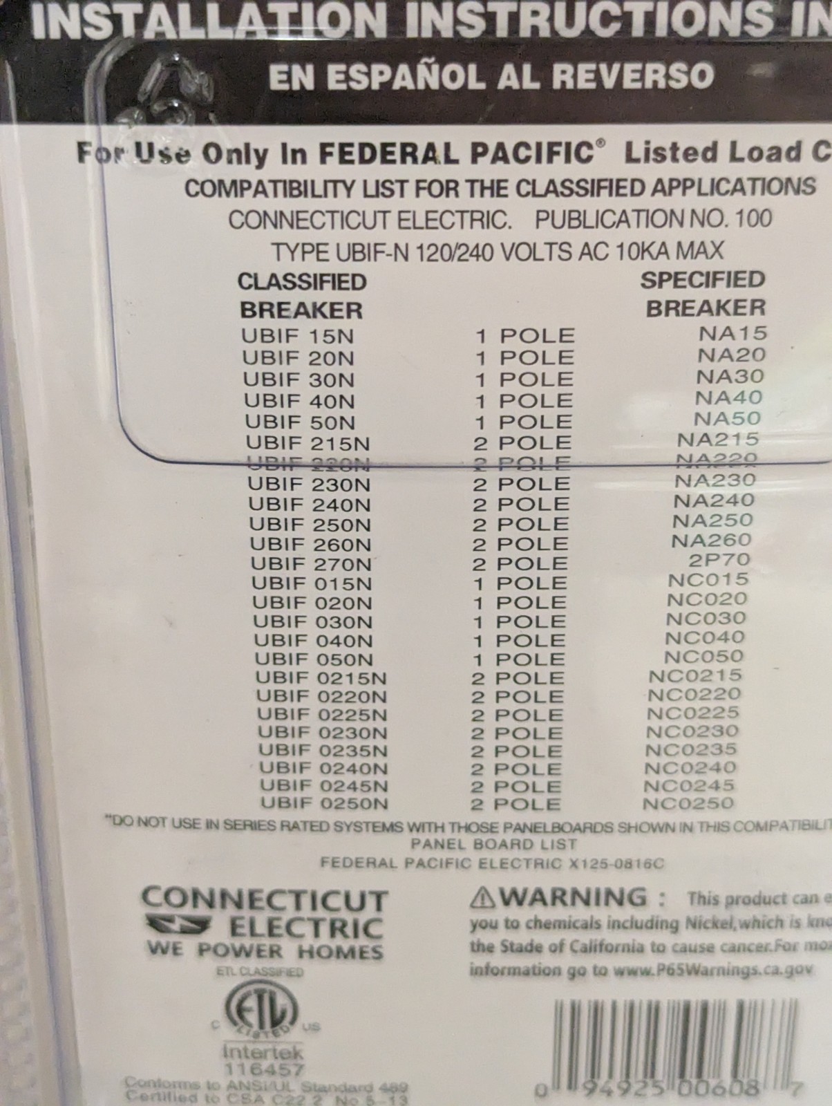 Connecticut Electric Thick 20 Amp 1/2 in 1-Pole Stab-Lok Type NA Circuit Breaker