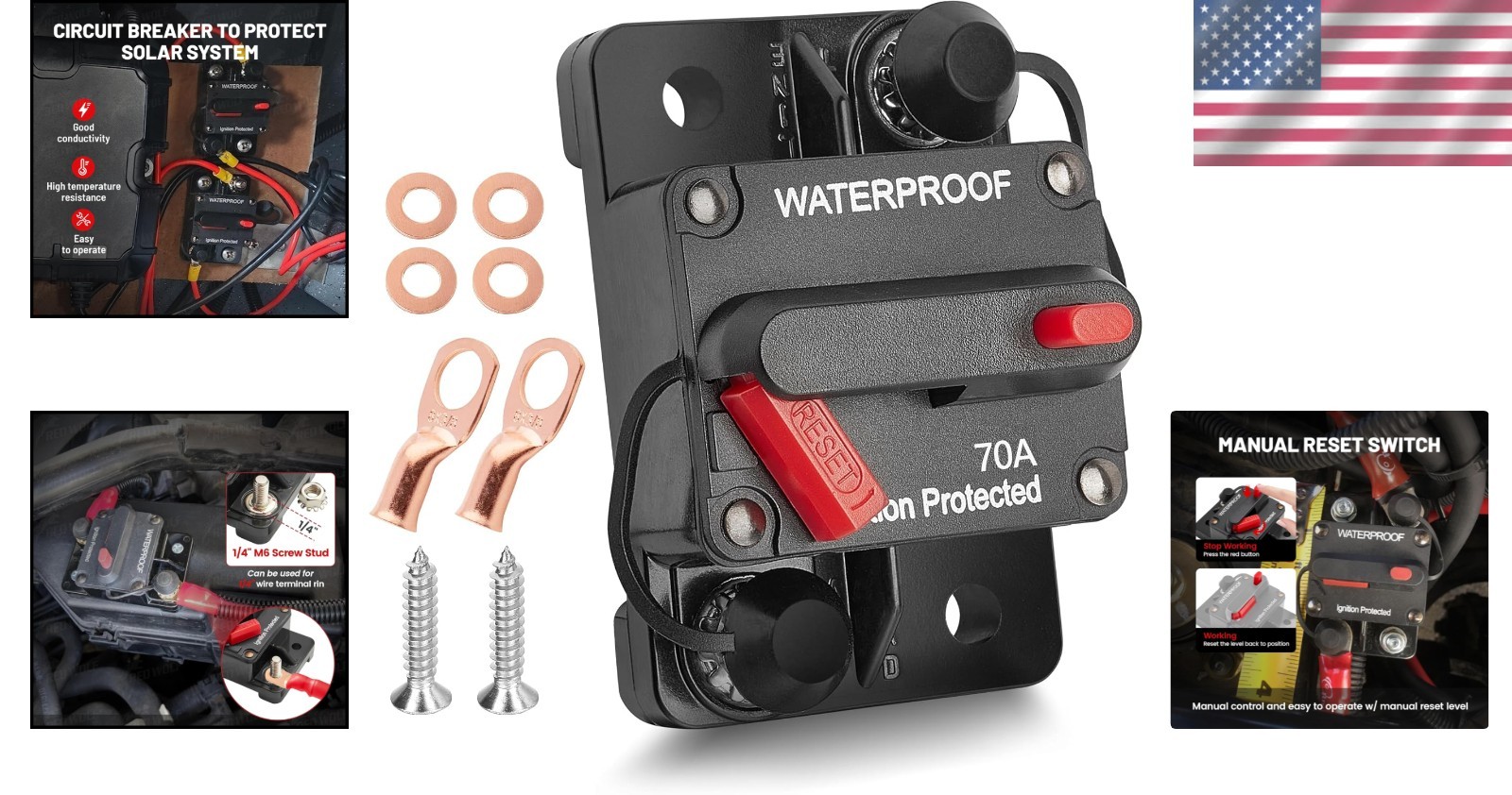 Durable 70A Circuit Breaker with Manual Reset for Audio and Solar Equipment