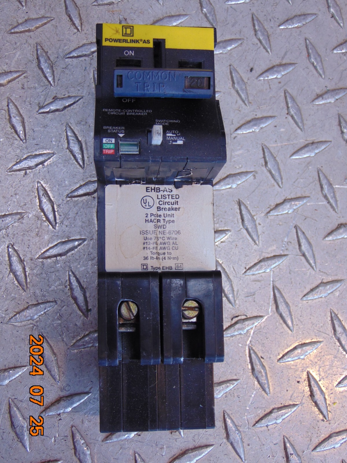 SQUARE D EHB24020AS 2-POLE REMOTE CONTROLLED CIRCUIT BREAKER EHB-AS