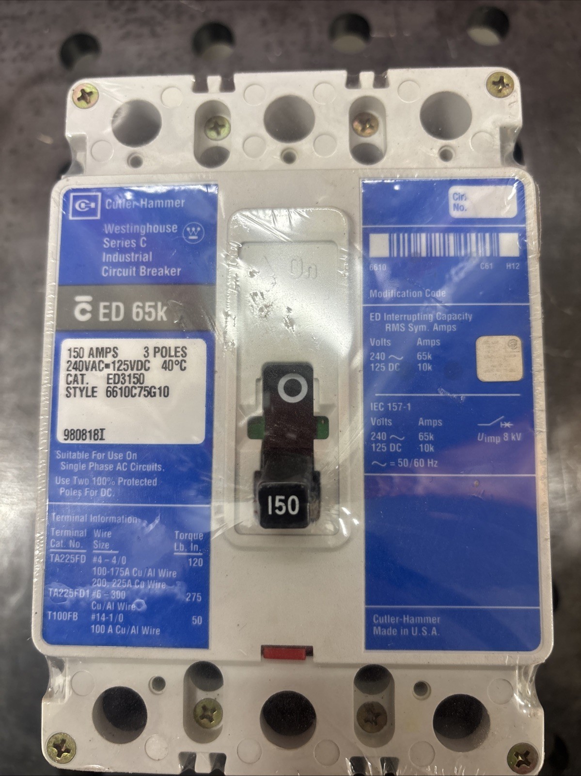 Eaton Cutler Hammer ED3150 150 AMP 3 Pole 65kA @ 240V Circuit Breaker