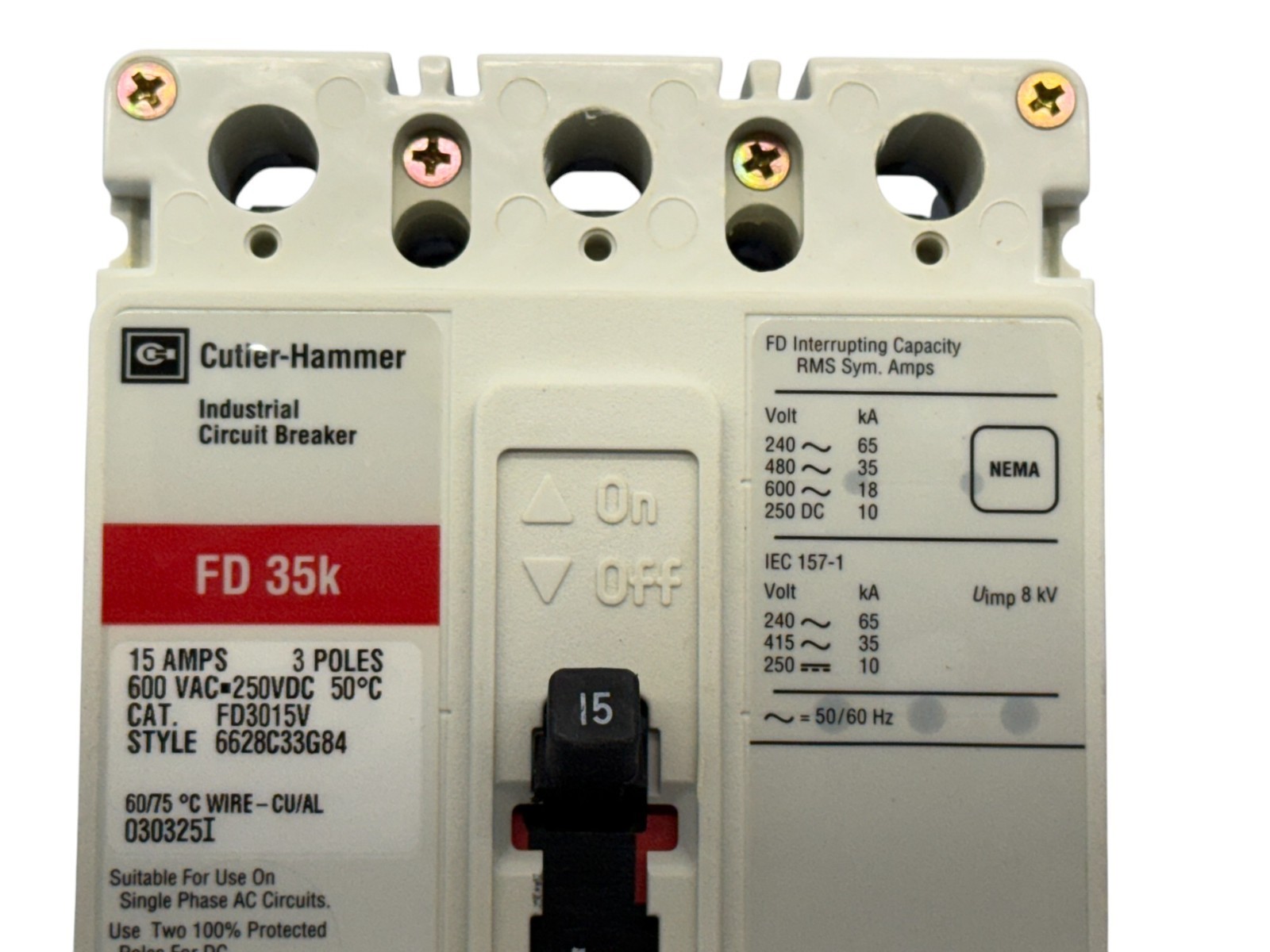 CUTLER HAMMER FD3015V 15A 3-PHASE 3-POLE 600V SERIES CASE CIRCUIT BREAKER