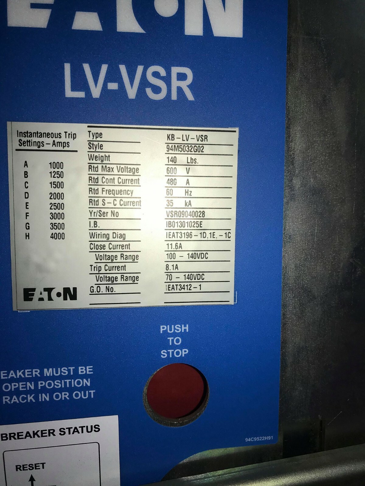Eaton KB-LV-VSR 94M5032G02 480a Amp 600v-ac Vacuum Circuit Breaker Starter