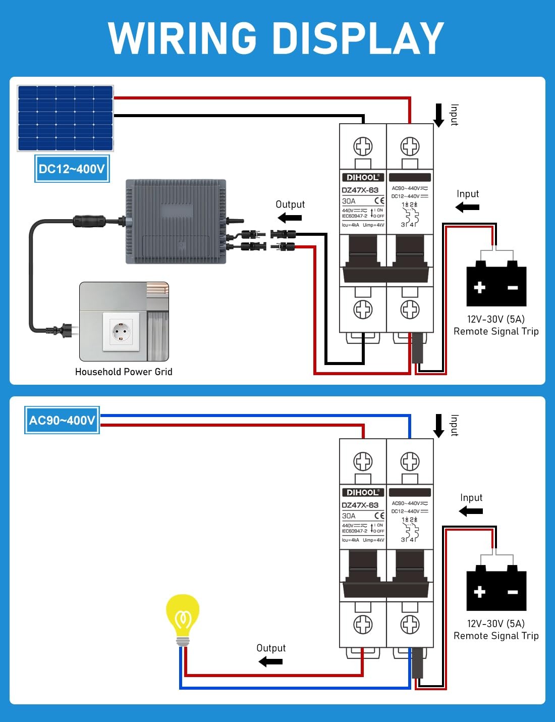 30A DC Circuit Breaker Remote Control 2 Pole DIN Rail Mount Disconnect Kit