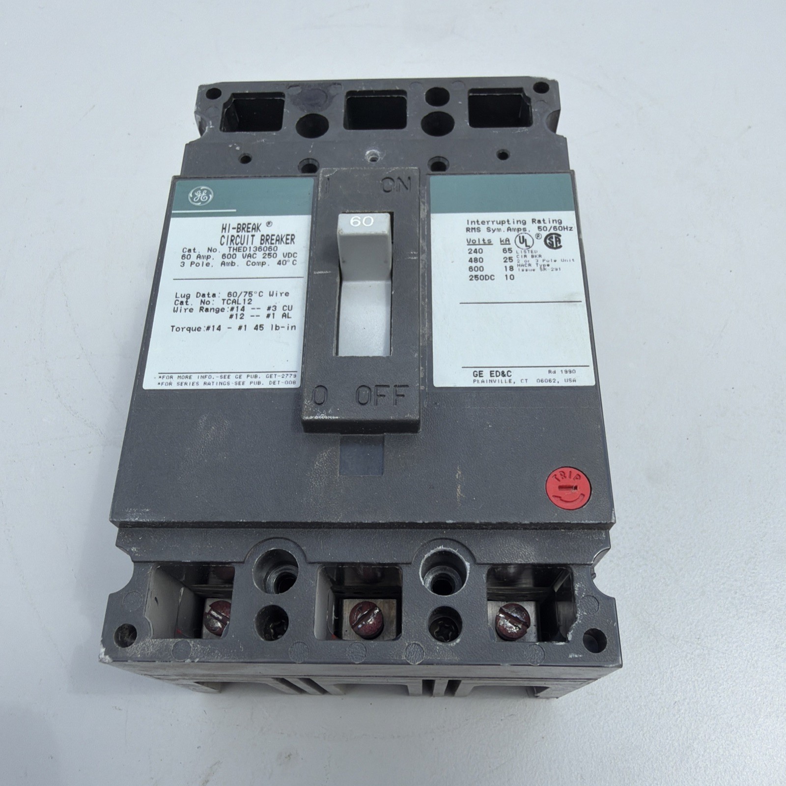 GE THED136060 60A 3P 600VAC Molded Case Circuit Breaker 25kA