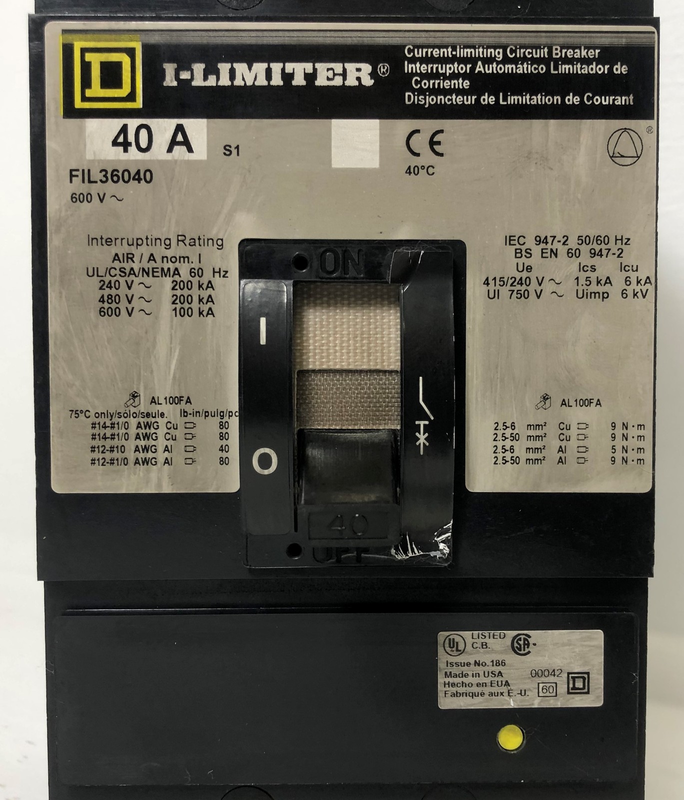 Square D FIL36040 40A I-Limiter Circuit Breaker 480/600V 3 Pole 40 Amp