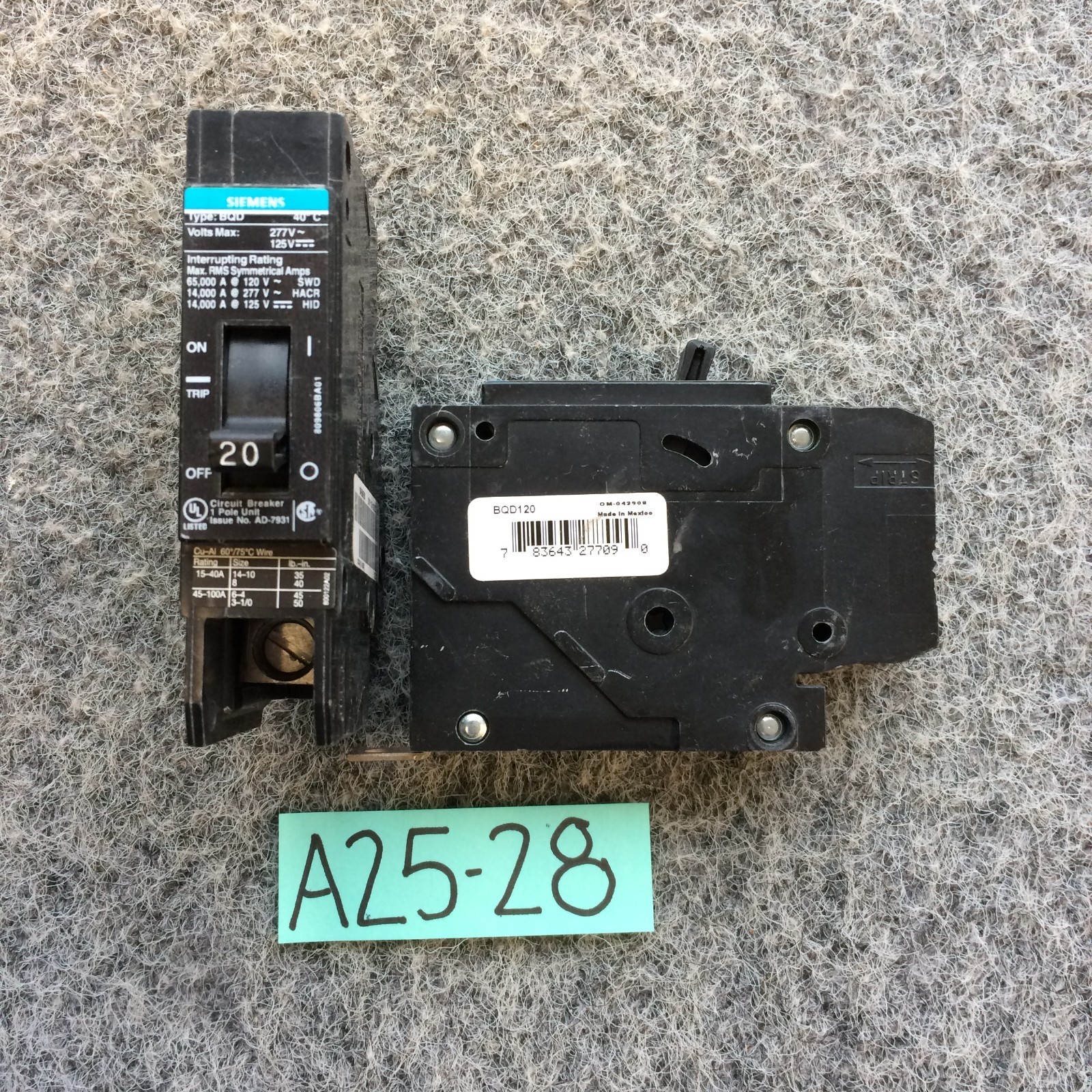 Lot OF 2 BQD120 SIEMENS 1 POLE, 277V, BOLT ON 20 AMP BREAKERS