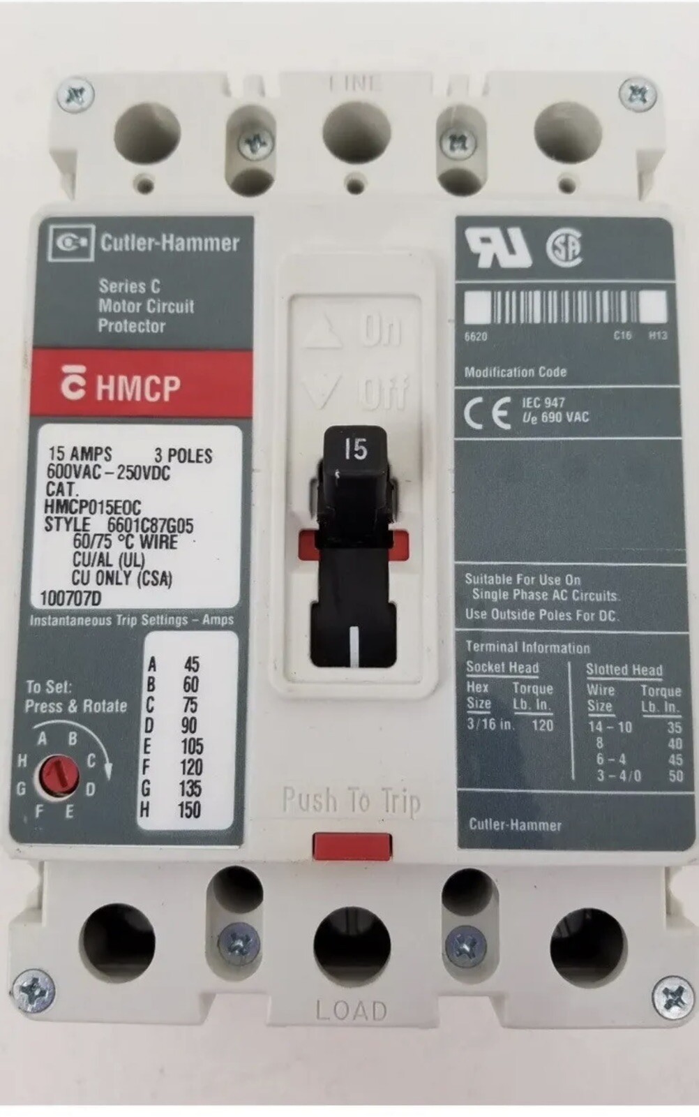 EATON /Cutler Hammer HMCP015EOC 15 Amp 600 Volt 3 Pole Circuit Breaker New
