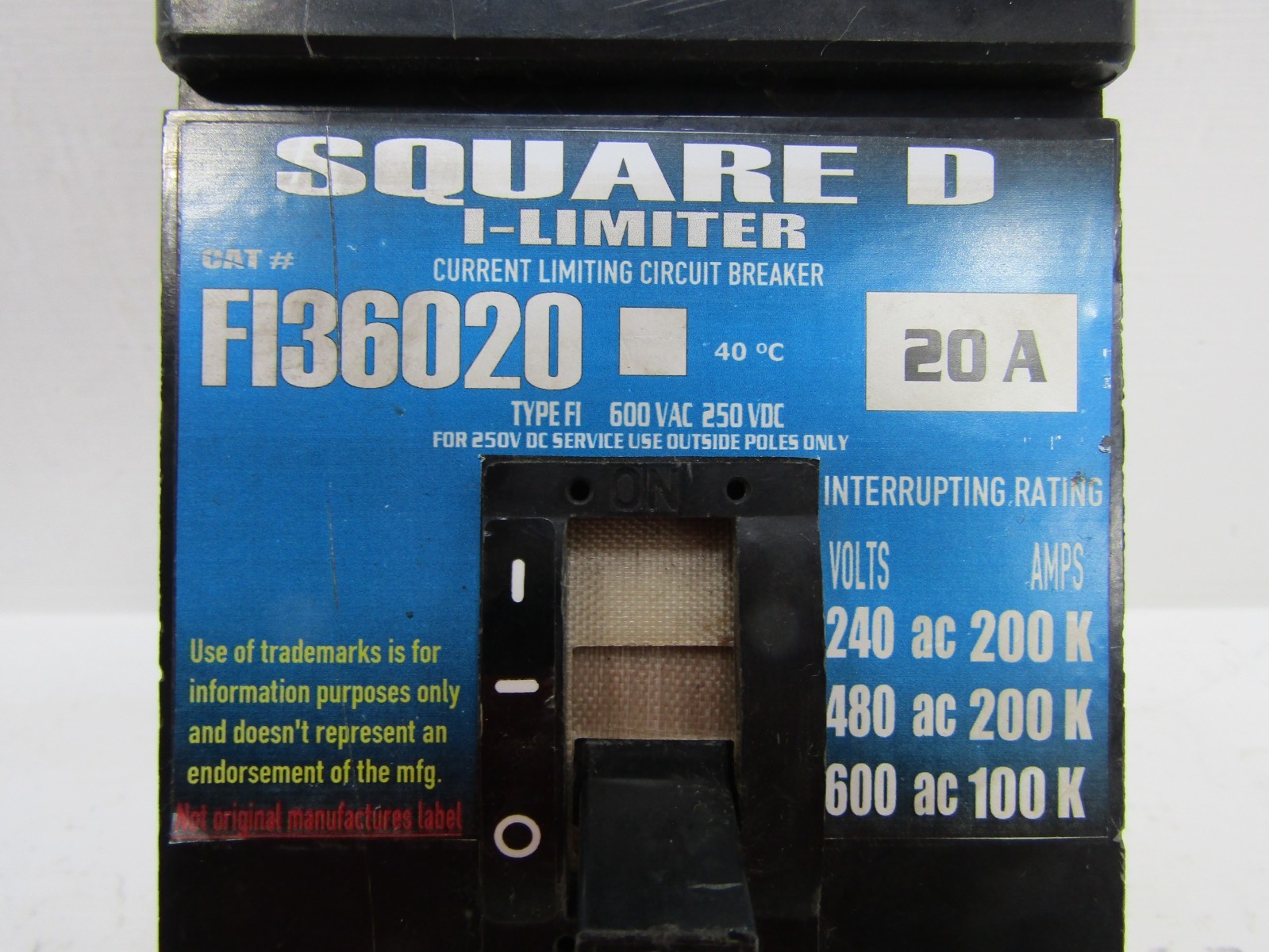 Square D FI36020 20 Amp 600V I-Limiter I-Line Circuit Breaker 20A 3-Pole 600 VAC