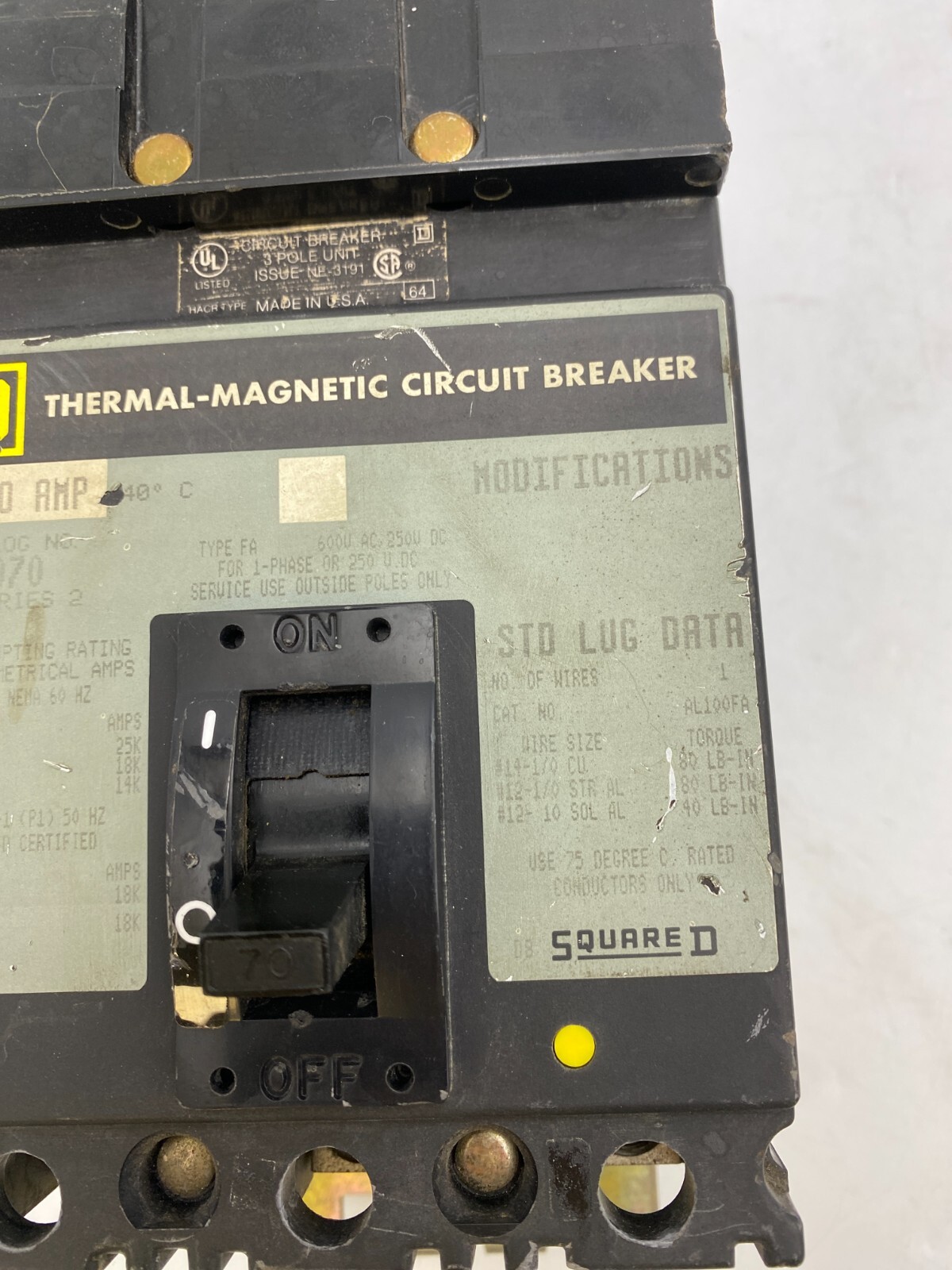 Square D FA36070 I-Line Circuit Breaker 70A 600V 3P 3PH FA 70 Amp 3 Pole Used