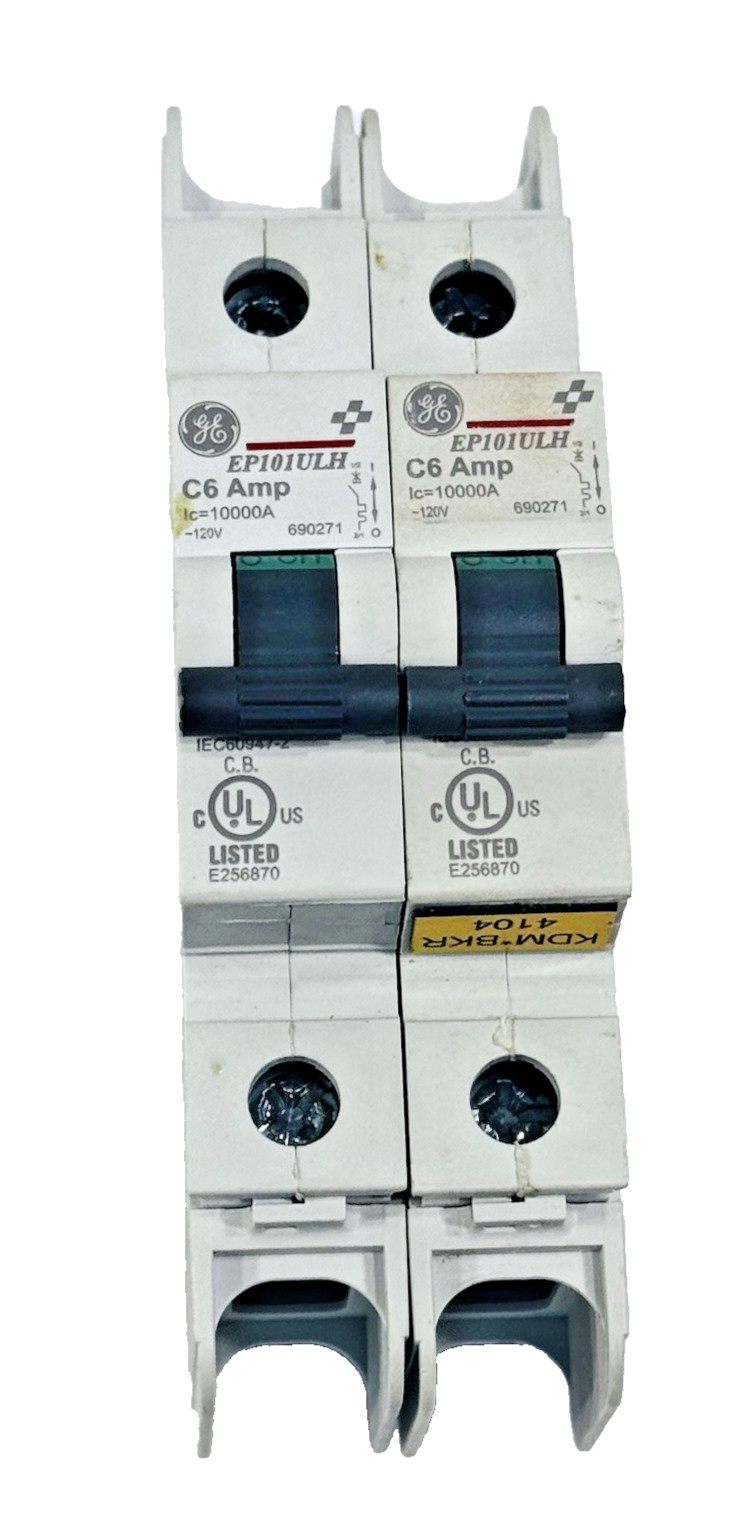 Lot of 2 ea GE EP101ULHC6 / 690271 E256870 6 Amp Mini Circuit Breaker 1 Pole 120