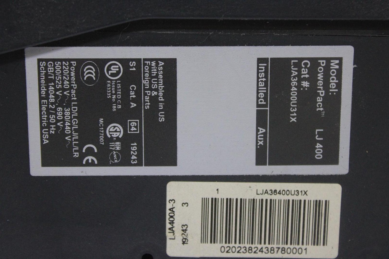 SQUARE D POWERPACT I-LINE CIRCUIT BREAKER LJA36400U31X 400 AMP 600 VAC 3-POLE
