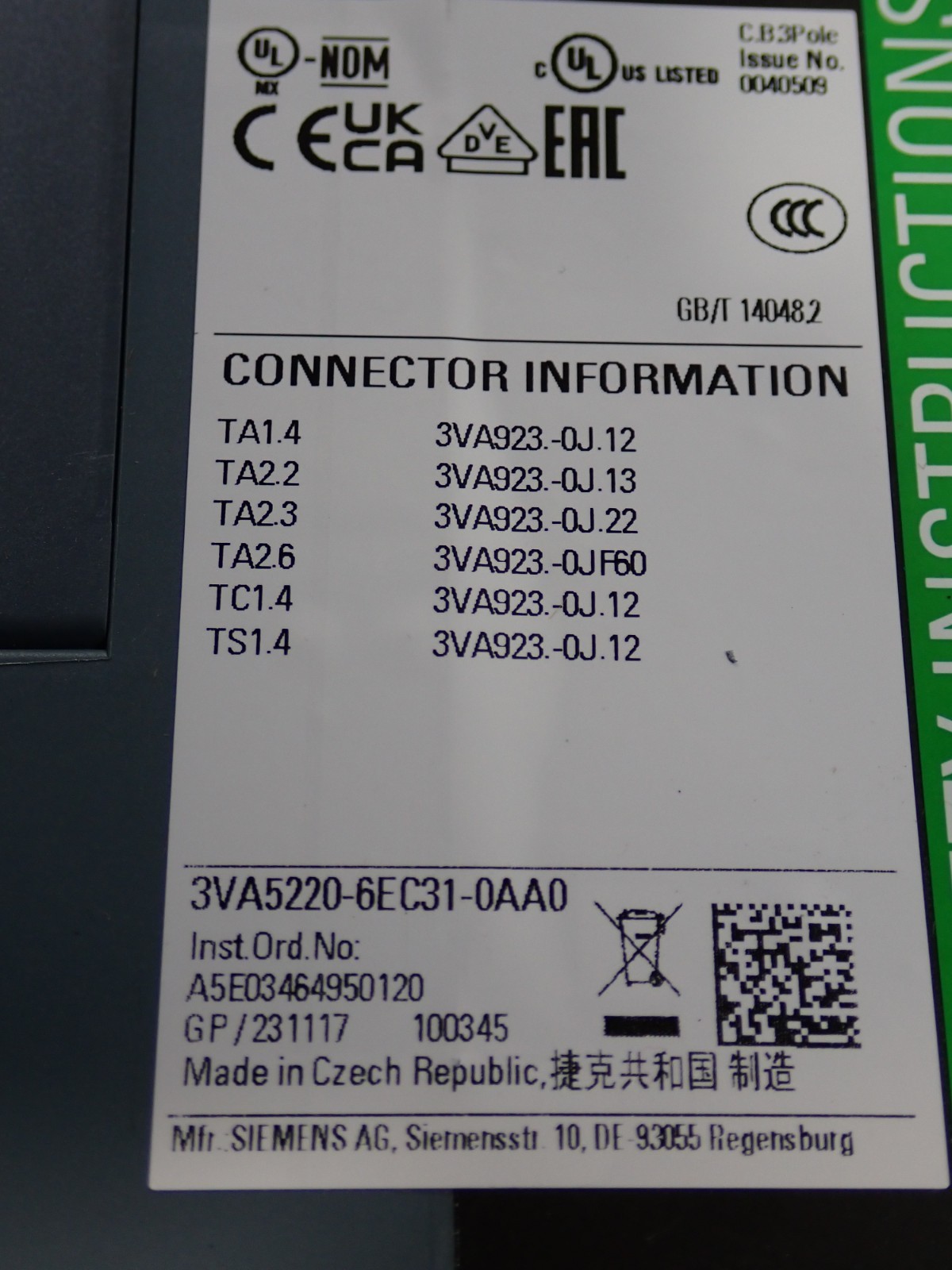 New SIEMENS 3VA5220-6EC31-0AA0 3VA5 200 amp 3 Pole Breaker 65kA@480v
