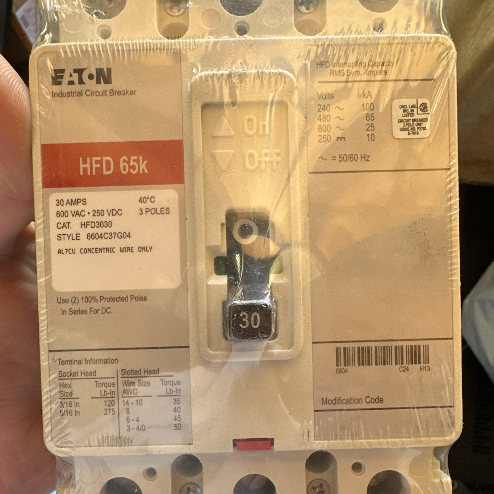 Eaton HFD3030 Circuit Breaker 30A 3 Pole 600VAC/250VDC Trip Indicator