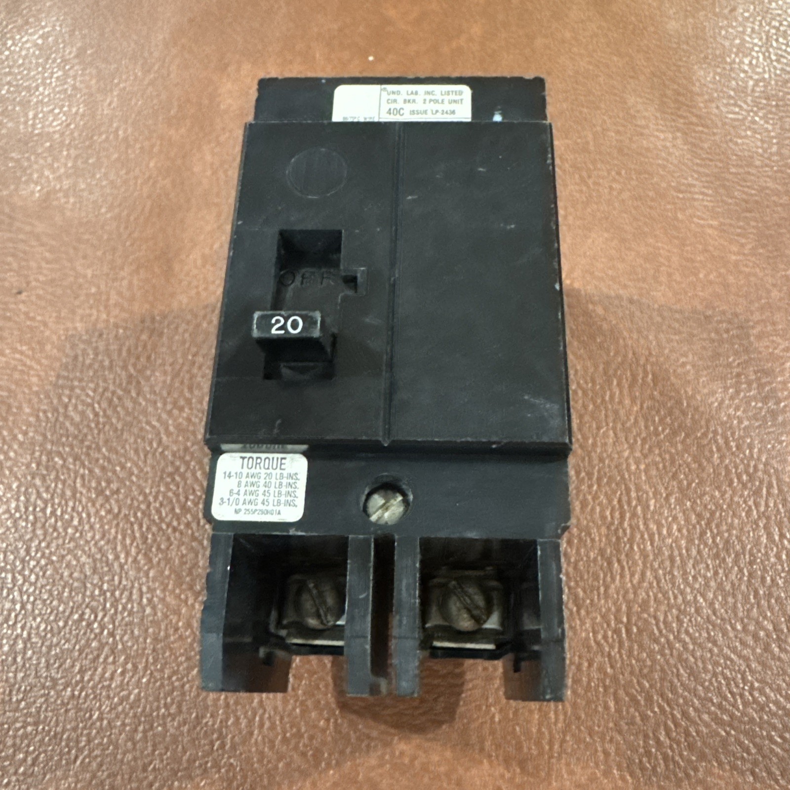 Westinghouse GHB2020 20A 2P Circuit Breaker 277/480 VAC GHB 20 Amp 2 Pole HACR