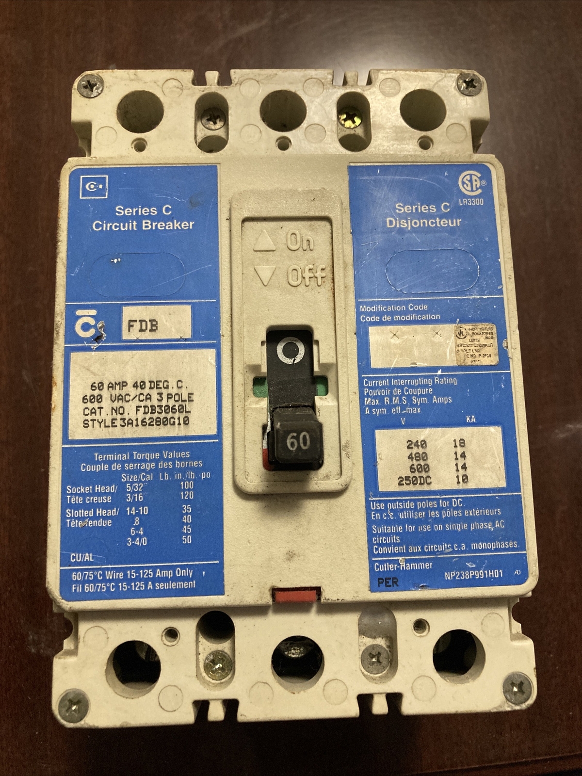 WESTINGHOUSE EHD3030L SERIES C CIRCUIT BREAKER 30A 480VAC