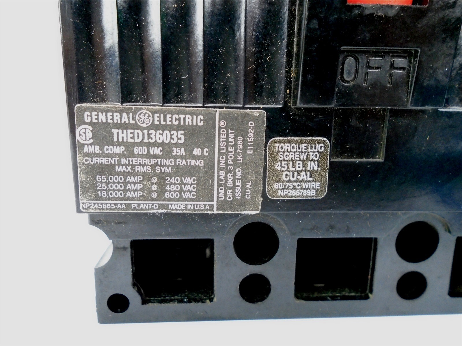GE – THED136035WL -35A, 3 Pole, 240-600 VAC – w/EXTERNAL RESISTOR 20k Ω 25W