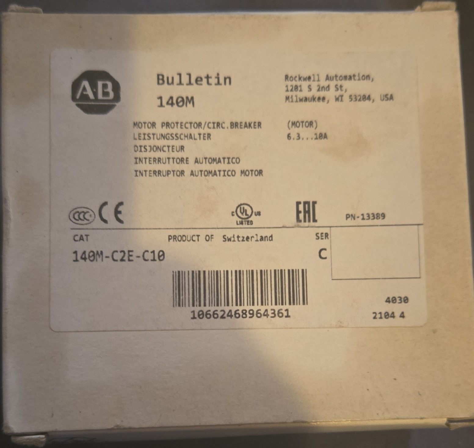 Allen-Bradley 140M-C2E-C10 Motor Protector Circuit Breaker 6.3-10A