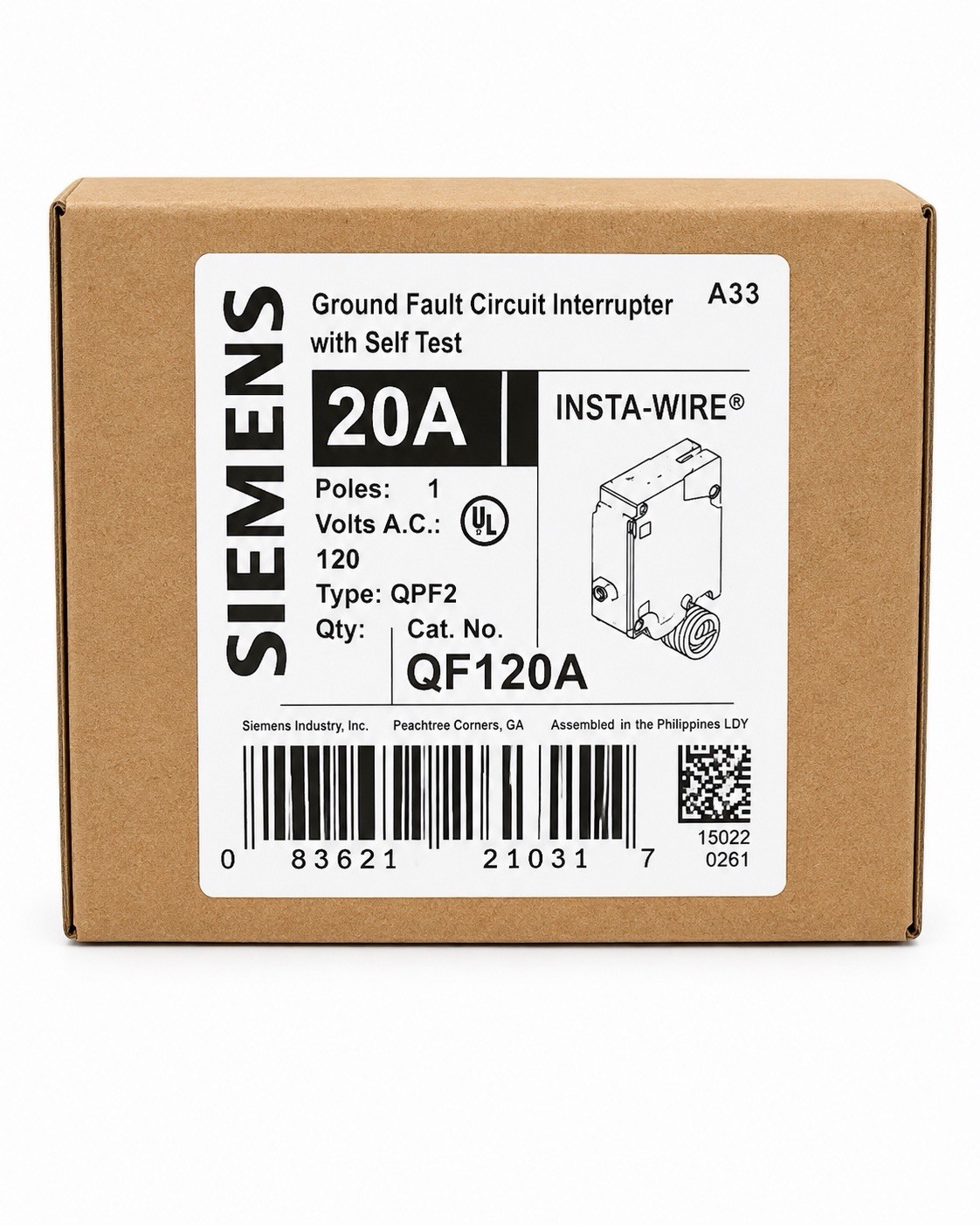 Siemens QF120A 20A 1-Pole 120VAC GFCI Self-Test Circuit Breaker