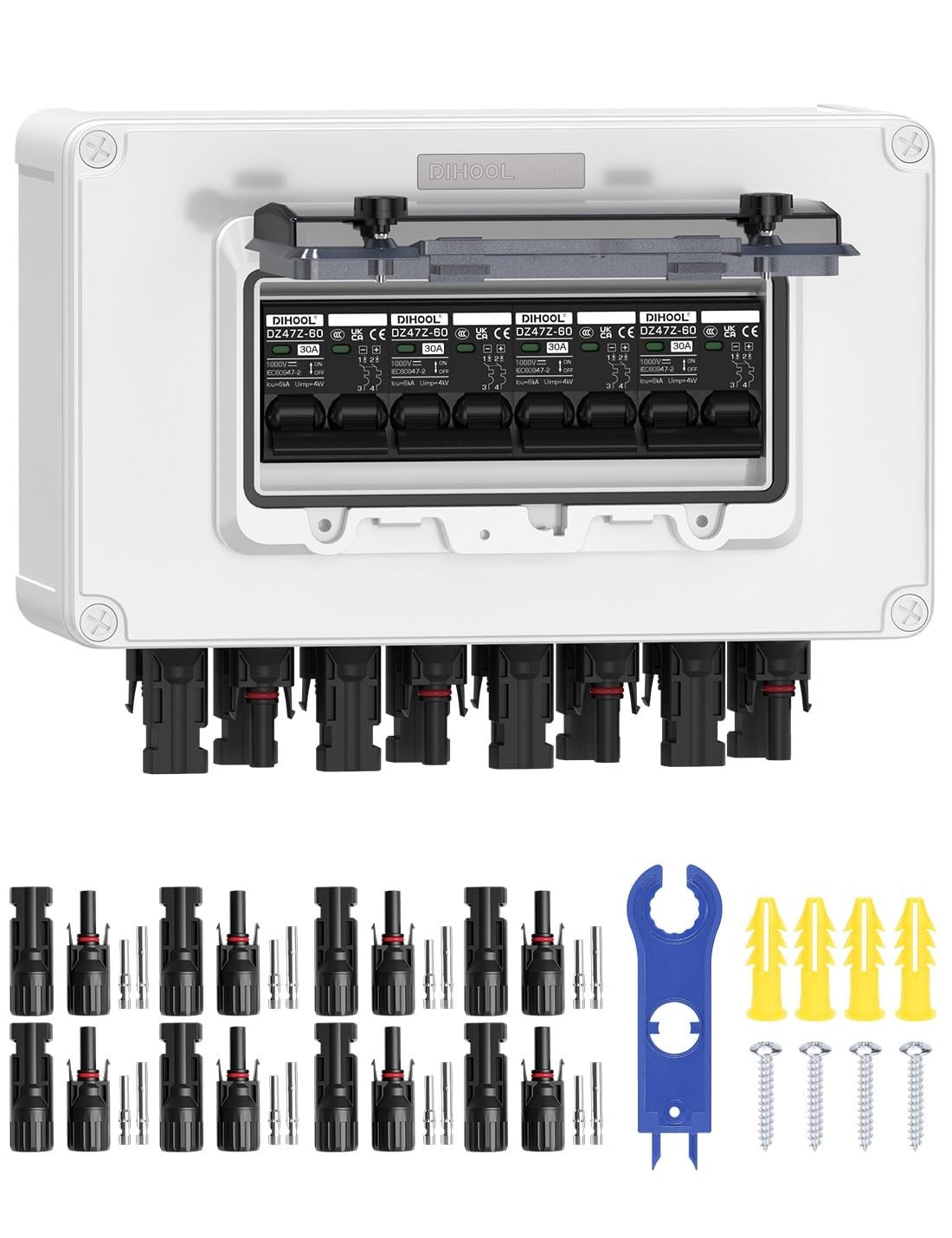 Solar Panel Disconnect Switch 4 String 30 Amp DC Circuit Breaker Box 4 in 4 Out