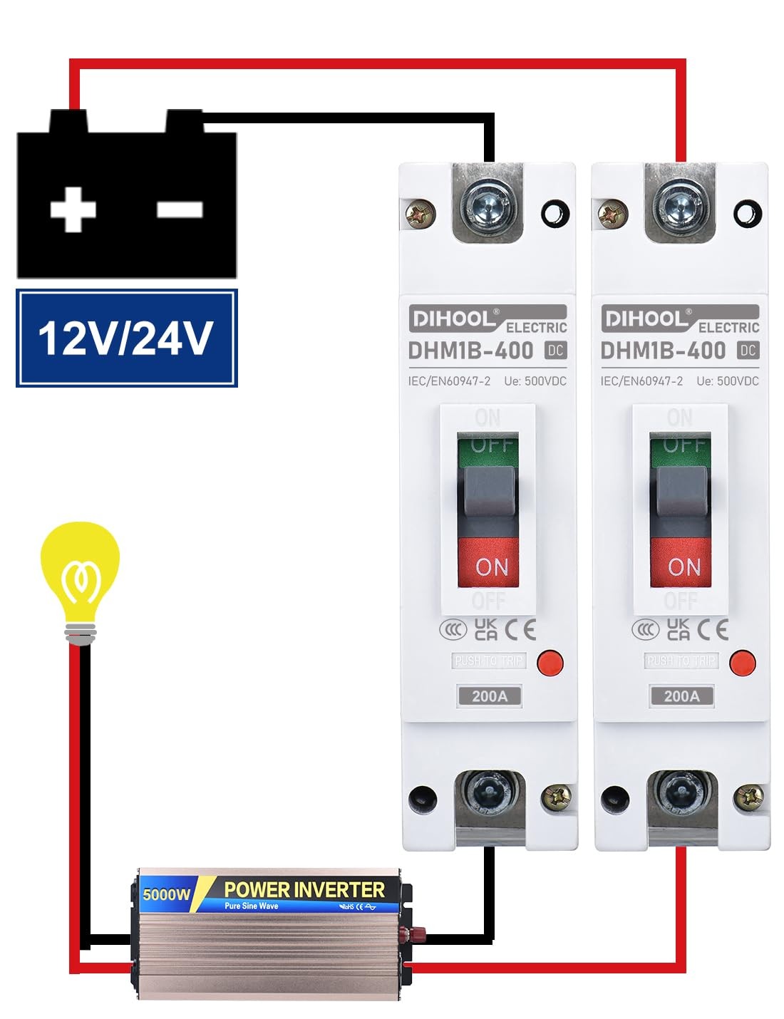 DIHOOL 200 Amp DC Breaker, 500V Battery Disconnect Switch, Thermal Magnetic Trip
