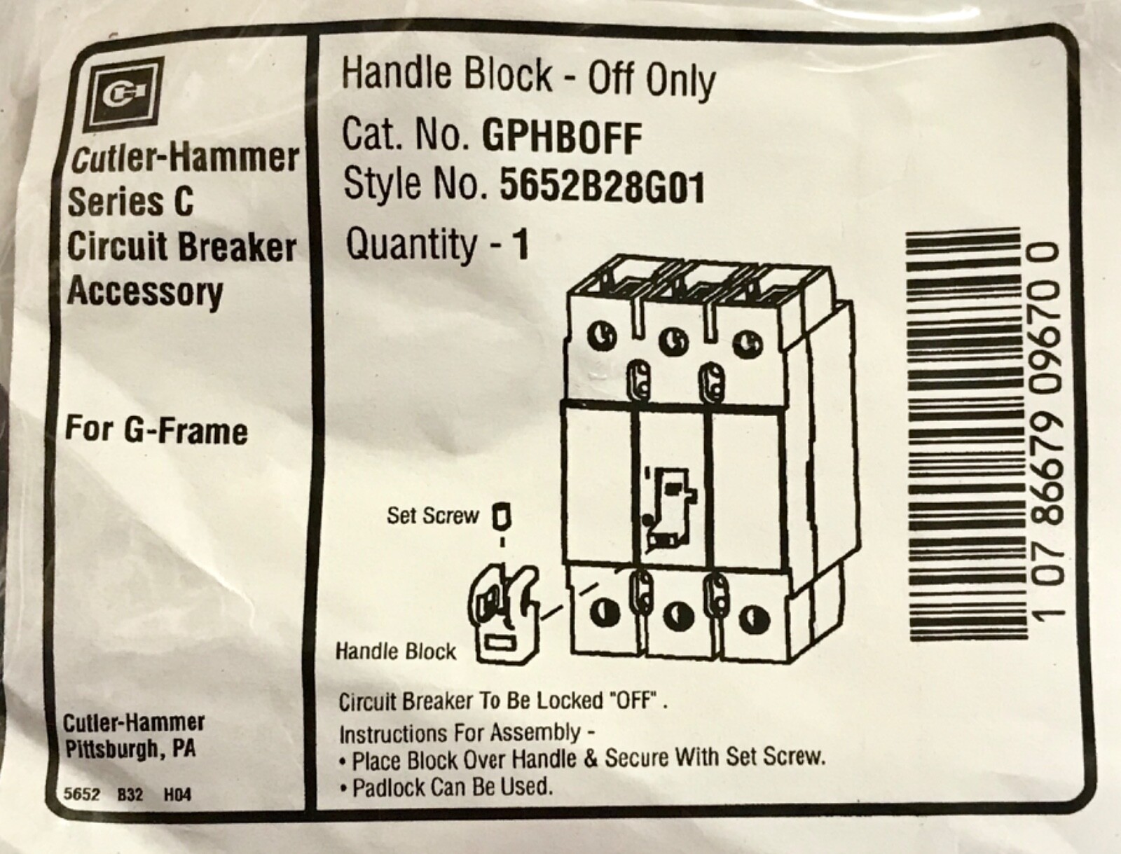 EATON CUTLER HAMMER GPHBOFF Handle Block Lock OFF For G Frame 5652B28G01