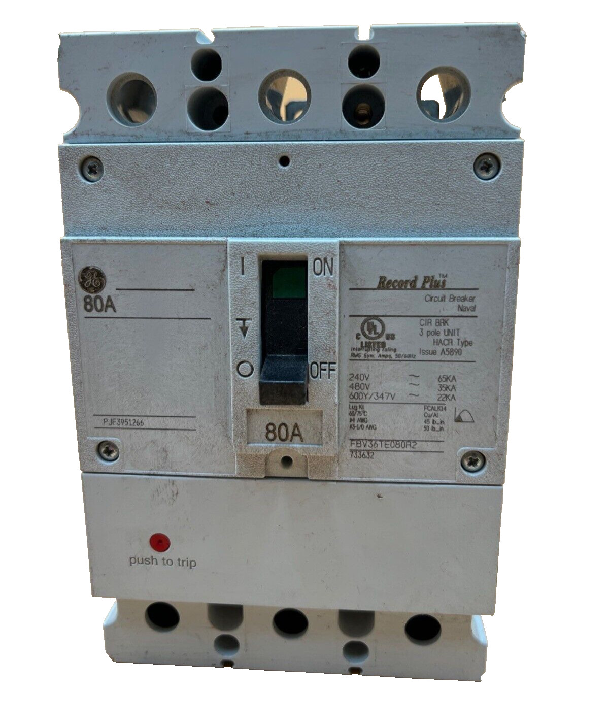 GE FBV36TE080R2 Circuit Breaker 80A 3P 480V 3PH Bolt on Used